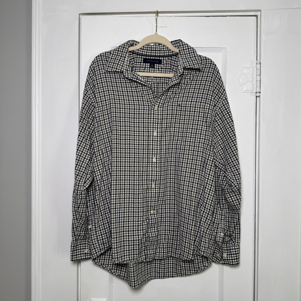 Tommy Hilfiger 100% Cotton Plaid Button Down Polo Business Casual Office Large